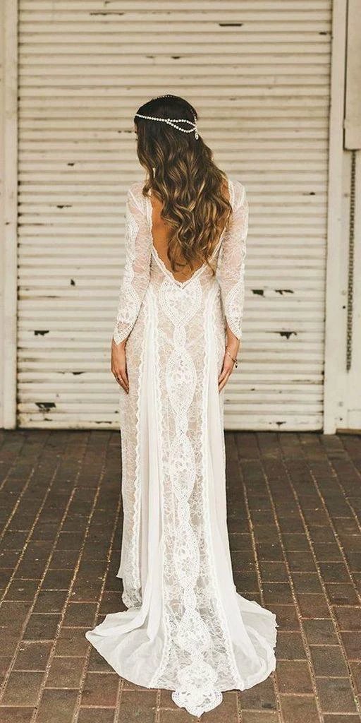 Sheath/Column Lace Wedding Dress With Long Sleeve Open Back Bridal Gown (ZD16339)