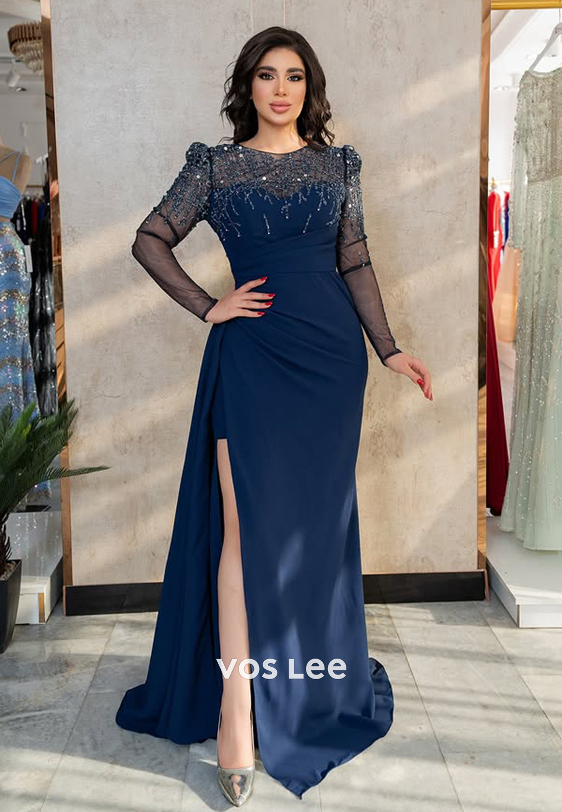 Blue Long Sleeves A-Line Applique Evening Dress Formal Gown with High Slit - VelvetHem
