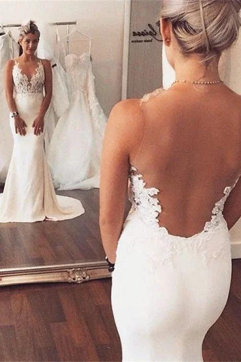 Sheer back Mermaid Wedding Dress Sleeveless Lace summer Beach Bridal Wears (ZD13850)