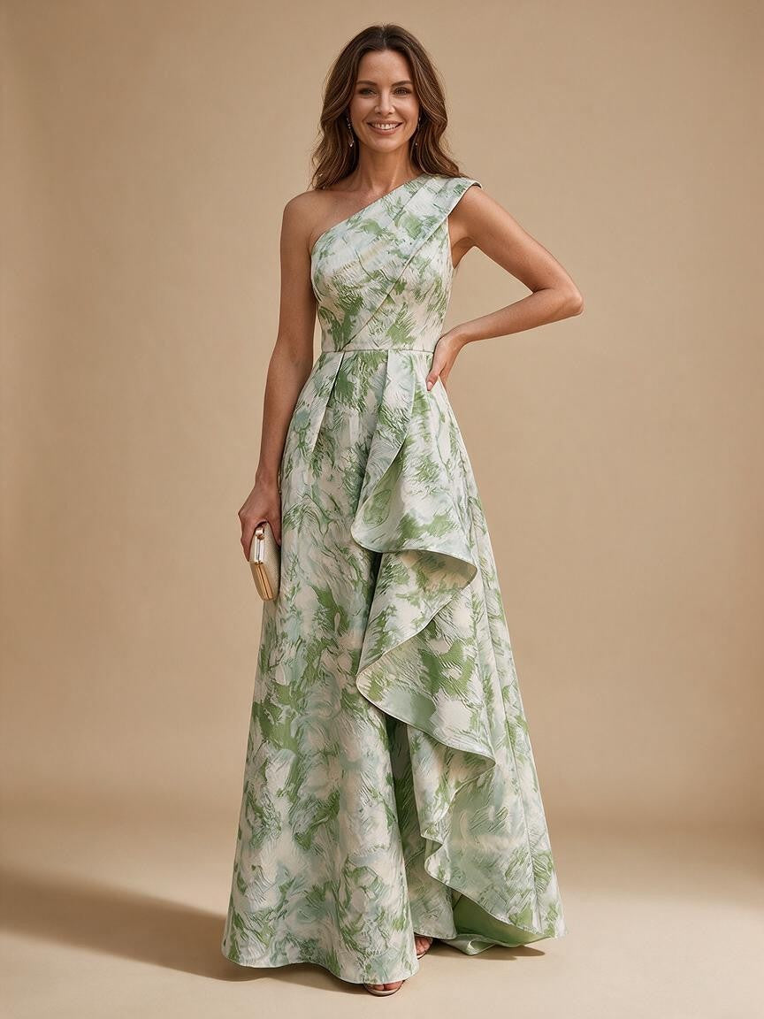 Jacquard A-Line/Princess One Shoulder Floor-Length Evening Dresses with Ruffles - VelvetHem