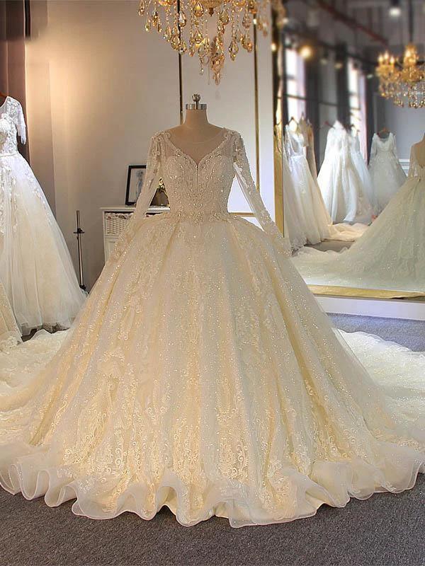Shinny Long A-line Full Beading Lace-Up Wedding Dresses with Sleeves (ZD14393) - VelvetHem