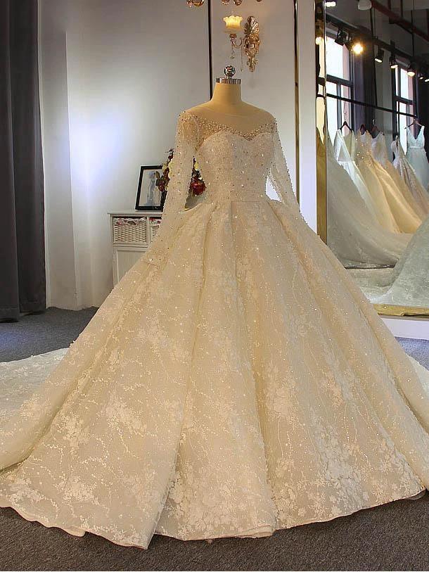Shinny Long Ball Gown Sweetheart Tulle Lace Wedding Dresses with Sleeves (ZD15874) - VelvetHem