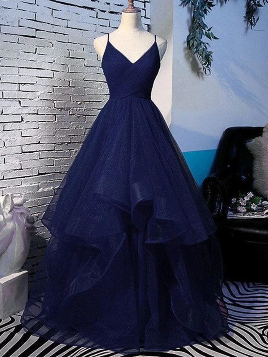 Shiny Dark Navy Long A-line V Neck Fluffy Tulle Prom Formal Evening Dresses - VelvetHem