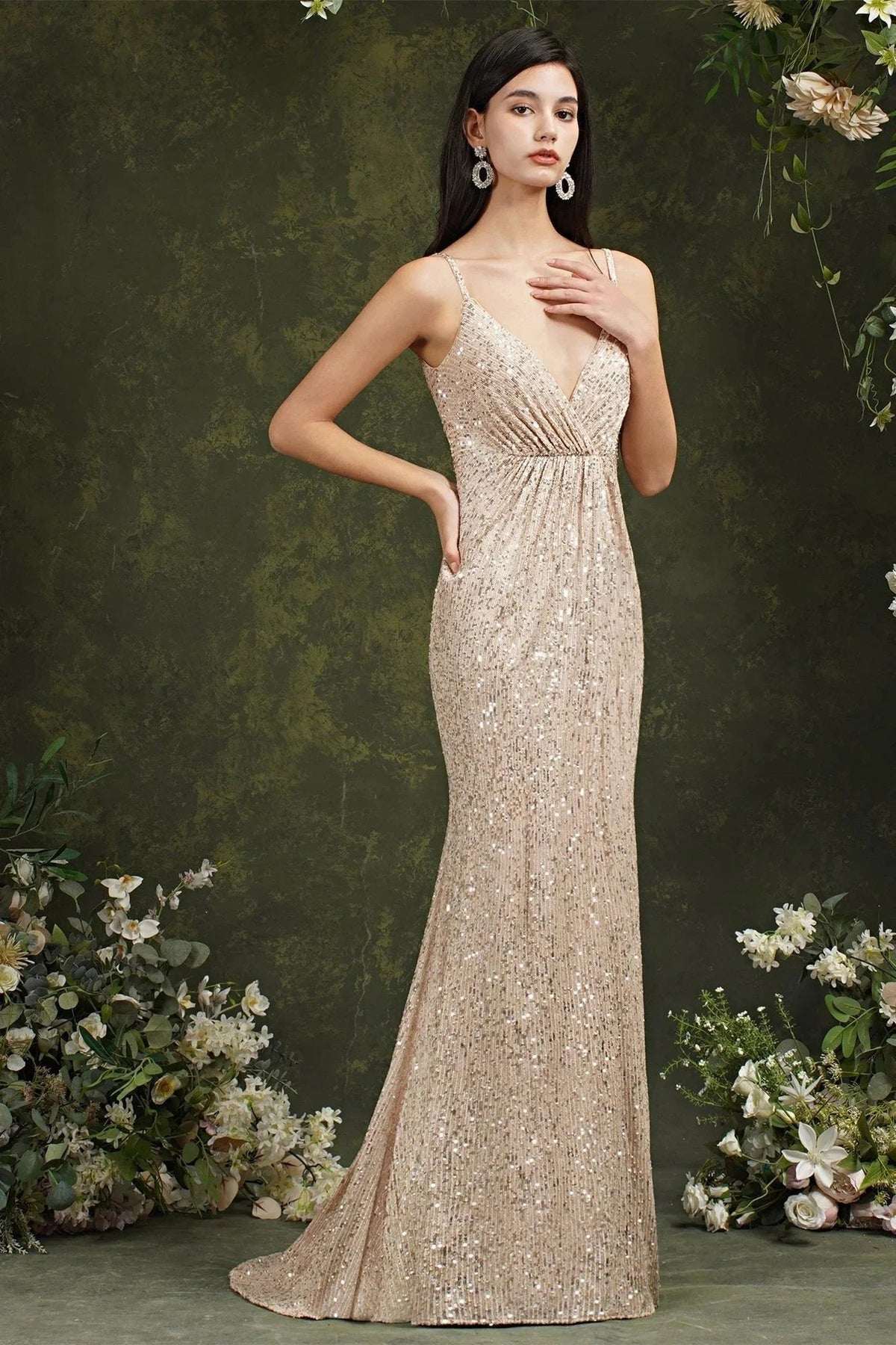 Shiny Sequins Spaghetti Straps V-neck Floor-length Mermaid Bridesmaid/Prom Dress (ZD13148)