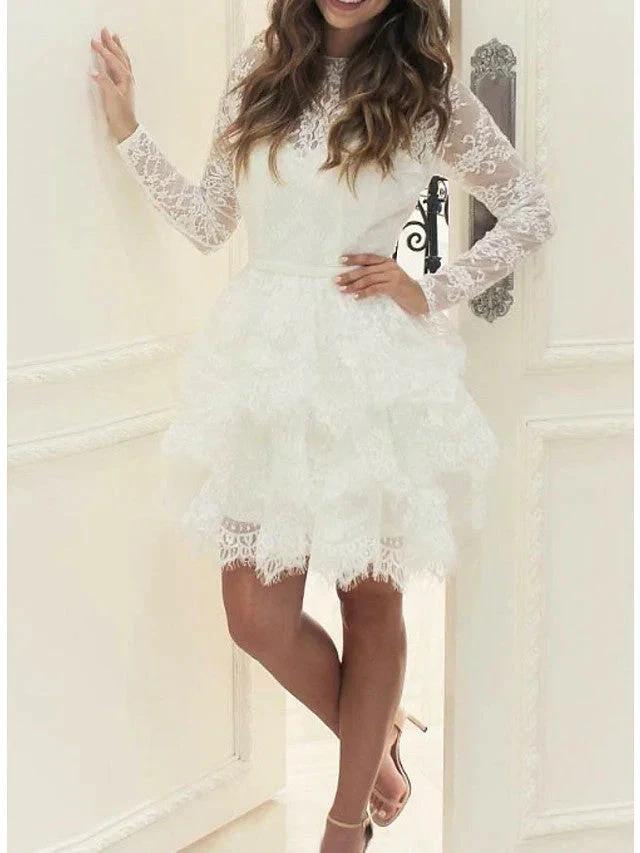 Short A-line Lace Tulle Jewel Neck Wedding Dresses with Sleeves (ZD15955) - VelvetHem