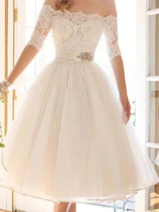Short A-Line Off Shoulder Lace Tulle Wedding Dresses with Sleeves (ZD14406)