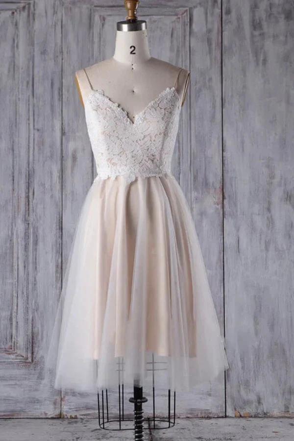 Short A-line Spaghetti Strap Lace Tulle Wedding Dress (ZD14375) - VelvetHem