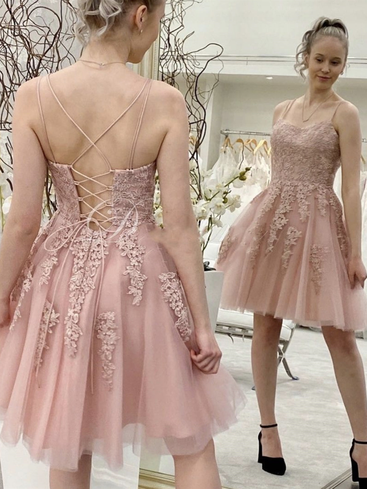 Short A-line Strapless Spaghetti Straps Tulle Lace Backless Formal Prom Homecoming Dresses