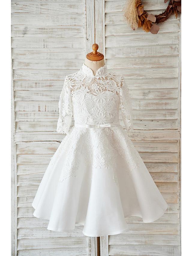 Short Ball Gown Lace Tulle High Neck Wedding Birthday Flower Girl Dresses With Sleeves - VelvetHem