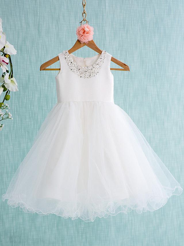 Short Ball Gown Satin Tulle Jewel Neck Wedding First Communion Flower Girl Dresses - VelvetHem