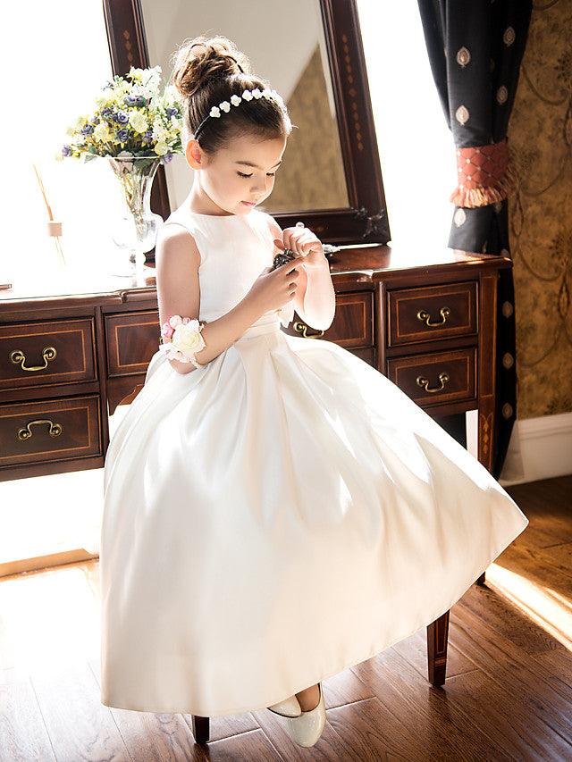 Short Princess Satin Jewel Neck Wedding First Communion Flower Girl Dresses - VelvetHem