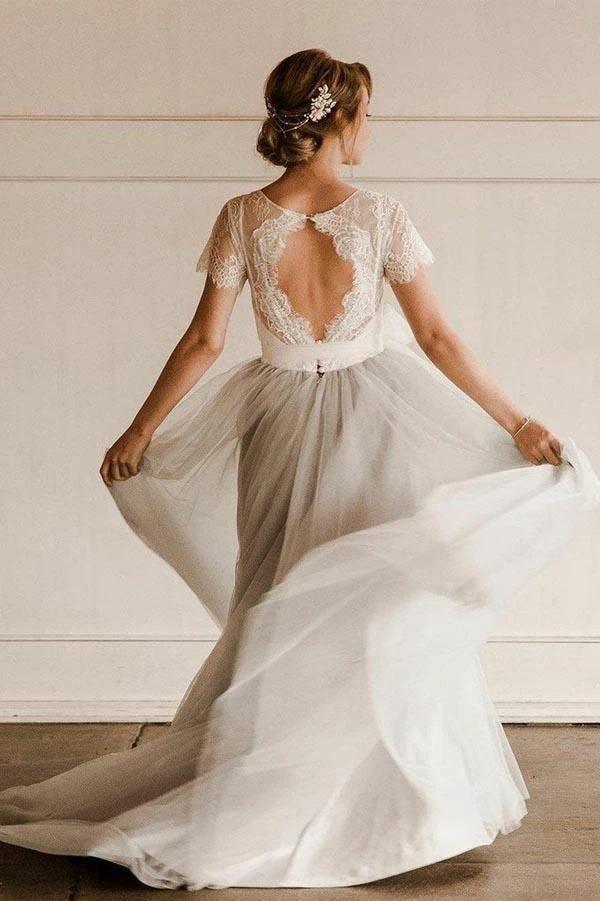 Short Sleeve Lace and Tulle Silver Wedding Dresses with Sash (ZD15349)