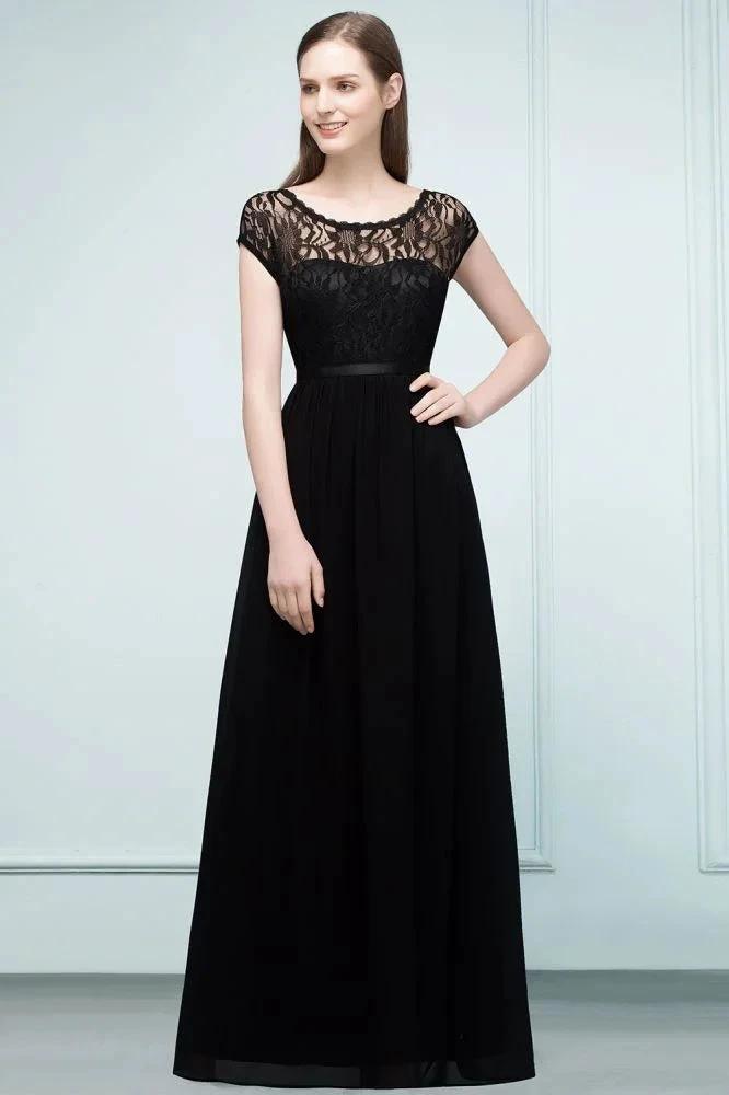 Short Sleeves Lace A-line Floor Length Bridesmaid Dresses with Sash (ZD13055) - VelvetHem
