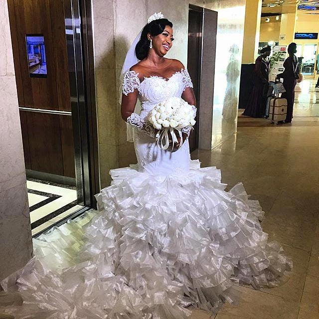 Short sleeves Off-the-Shoulder Mermaid Wedding Dress with Ruffles Train (ZD13801)