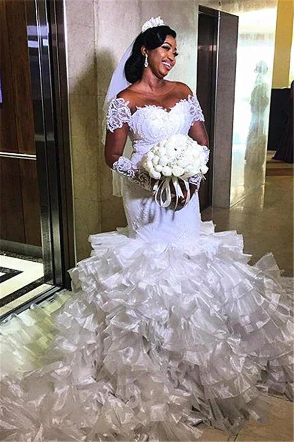 Short sleeves Off-the-Shoulder Mermaid Wedding Dress with Ruffles Train (ZD13801)
