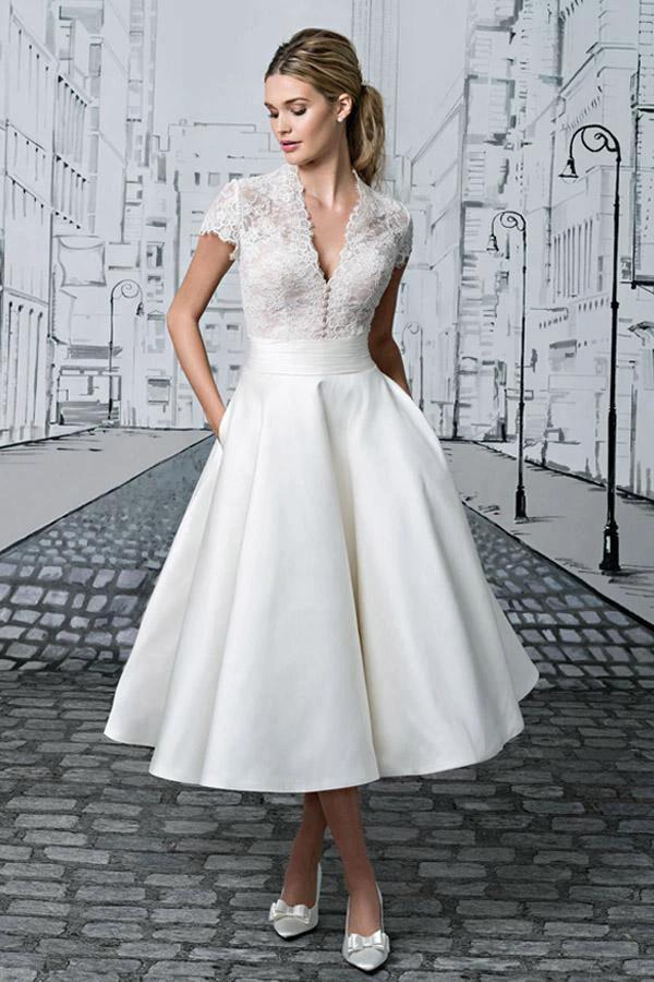 Short Wedding Dresses V-neck Lace Tea-length Ivory Simple Bridal Gown (ZD16280) - VelvetHem