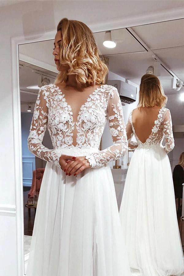 Simple A Line V Neck Ivory Lace Long Sleeves Split Wedding Dresses (ZD15295) - VelvetHem