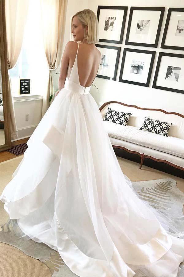Simple A-line V Neck Straps Ivory Long Wedding Dress with Backless (ZD15431) - VelvetHem