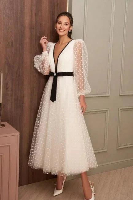 Simple Ankle-Length V-neck Wedding Dresses With Long Sleeves (ZD16529) - VelvetHem