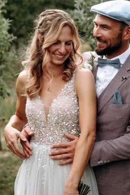 Simple Boho A-line V-neck Backless Sleeveless Wedding Dresses With Lace (ZD14920)