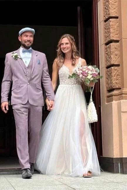Simple Boho A-line V-neck Backless Sleeveless Wedding Dresses With Lace (ZD14920) - VelvetHem