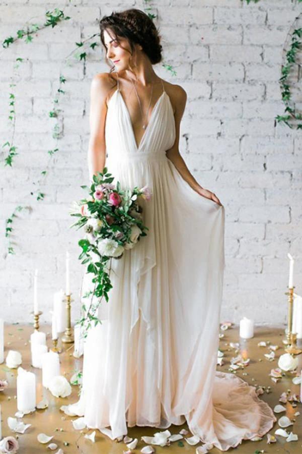 Simple Deep V-neck Sweep Train Ivory Wedding Dresses With Straps (ZD16273)