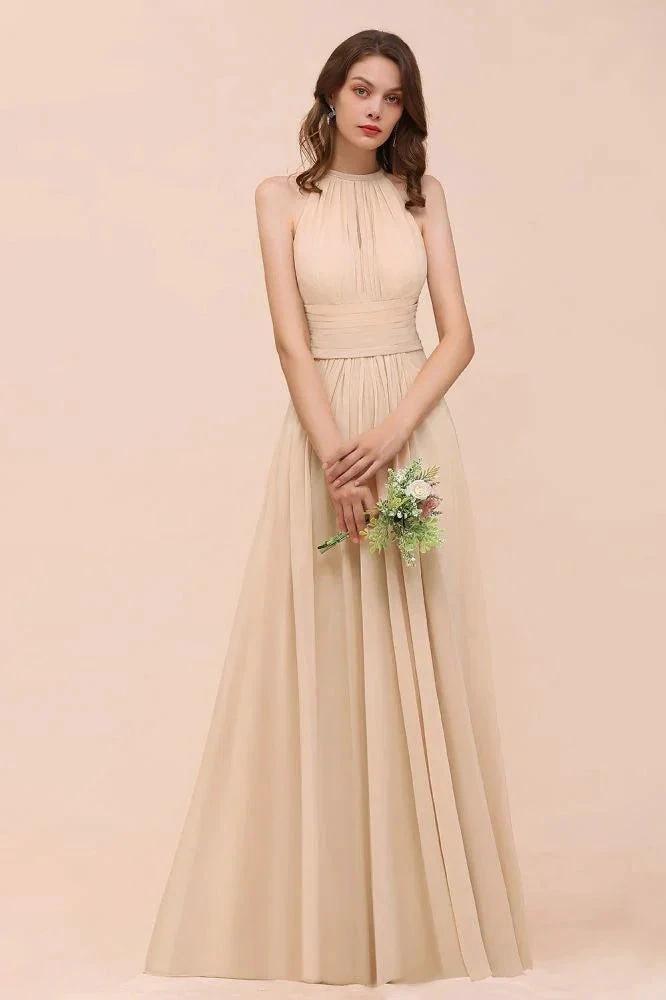 Simple Halter Champagne Slim Long Bridesmaid Dress (ZD13023)