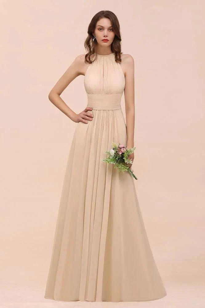 Simple Halter Champagne Slim Long Bridesmaid Dress (ZD13023) - VelvetHem