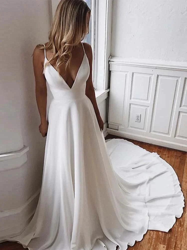 Simple Ivory Long A-line V-Neck Satin Backelss Wedding Dresses (ZD15920) - VelvetHem