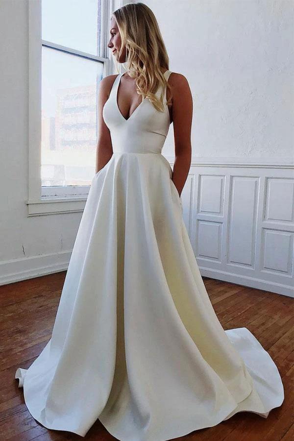 Simple Ivory Satin V Neck Wedding Dress With Bow-knot (ZD16325)