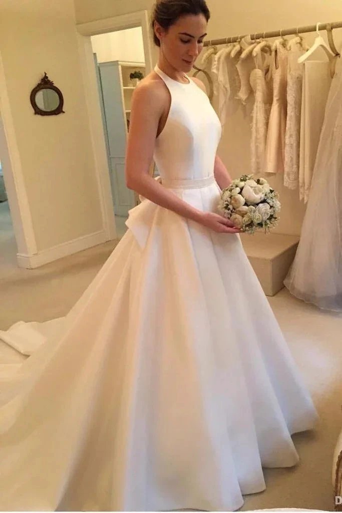 Simple Long A Line Halter Satin Backless Wedding Dress with Bow (ZD15856) - VelvetHem