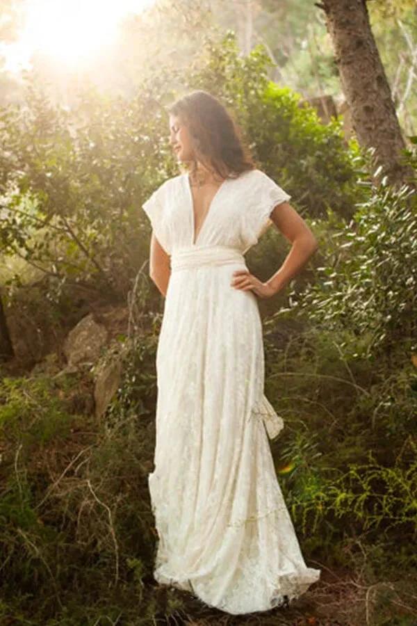 Simple Long A-line Open Back Sleeveless V-neck Lace Wedding Dress (ZD16689) - VelvetHem