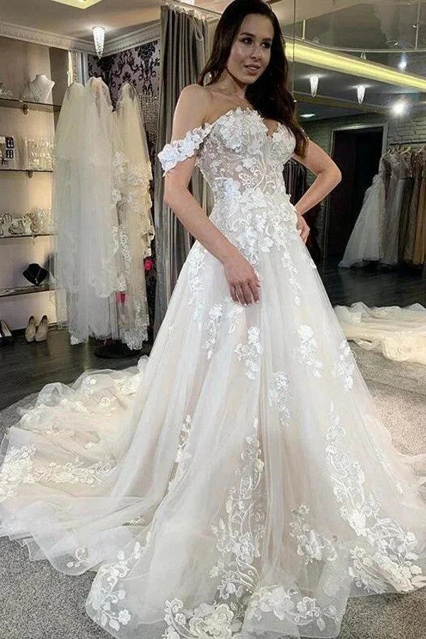 Simple Long A-line Tulle Off-the-Shoulder Lace Appliques Wedding Dress (ZD15127) - VelvetHem