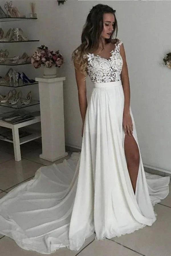 Simple Long A-line V-neck Chiffon Lace Wedding Dress with Slit (ZD15134) - VelvetHem