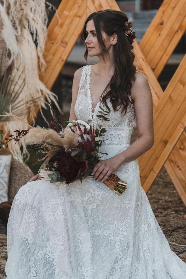 Simple Long A-Line V-neck Lace Backless Wedding Dresses (ZD15044)