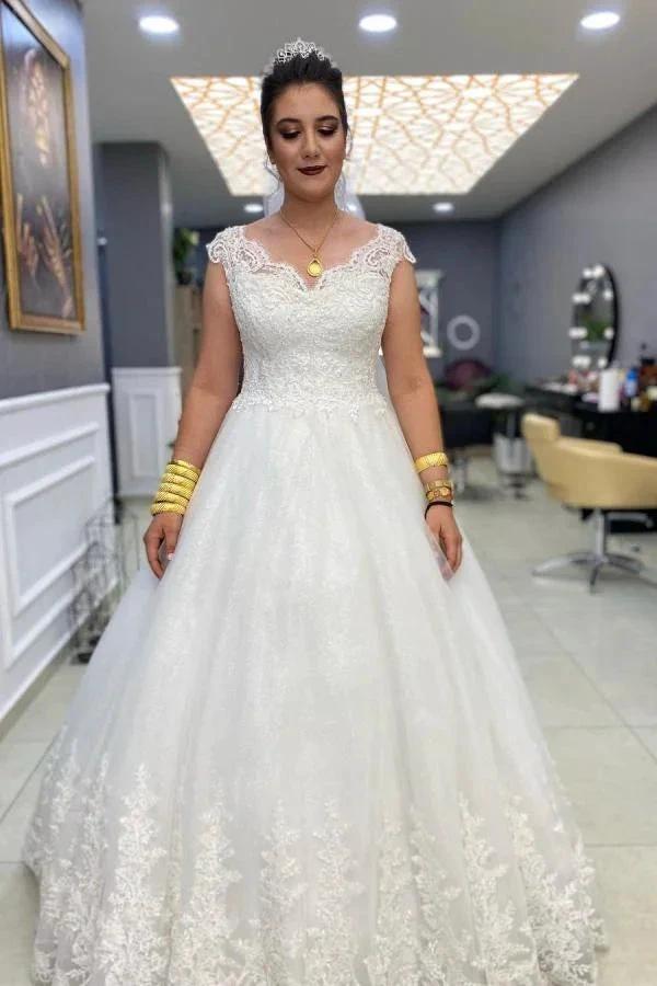 Simple Long A-line V-neck Lace Tulle Wedding Dress (ZD15152) - VelvetHem