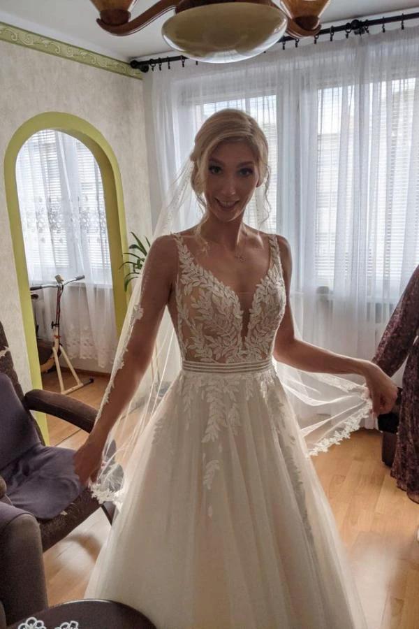 Simple Long A-line V-neck Open Back Tulle Lace Wedding Dress (ZD15201)