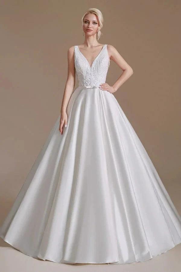 Simple Long A-line V-neck Satin Wedding Dress with Appliques Lace (ZD14346) - VelvetHem
