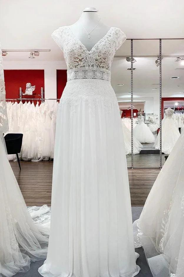 Simple Long A-line V-neck Tulle Appliques Lace Wedding Dress (ZD15158) - VelvetHem