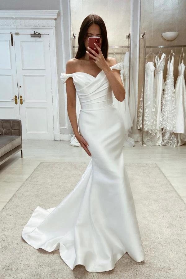 Simple Long Mermaid Off-the-shoulder Satin Wedding Dresses (ZD15641)