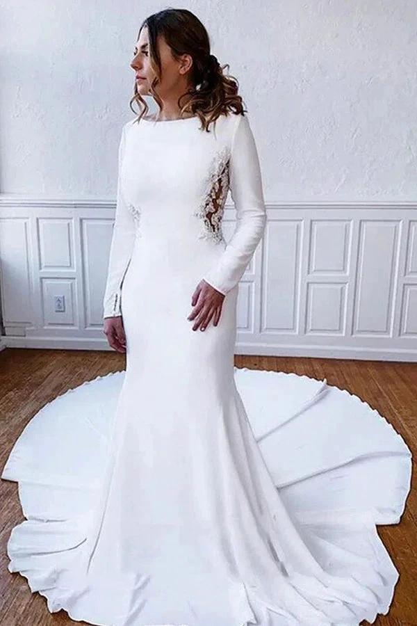 Simple Long Sheath Satin Illusion Lace Back Wedding Dress with Sleeves (ZD14997) - VelvetHem