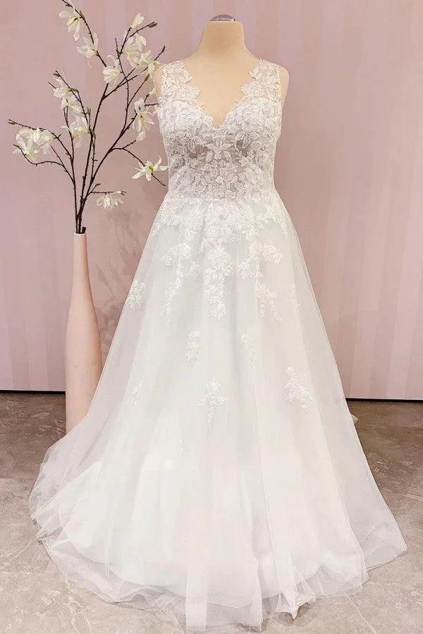 Simple Long V-neck A-Line Backless Wedding Dress With Appliques Lace (ZD15085) - VelvetHem