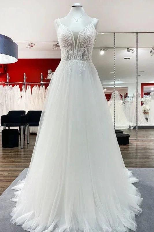 Simple Long V-neck Sequins Ruffles A-line Tulle Backless Wedding Dress (ZD14283)