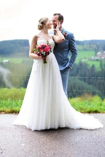 Simple Long White A-line V-neck Sleeveless Tulle Lace Wedding Dress with Slit (ZD16672) - VelvetHem