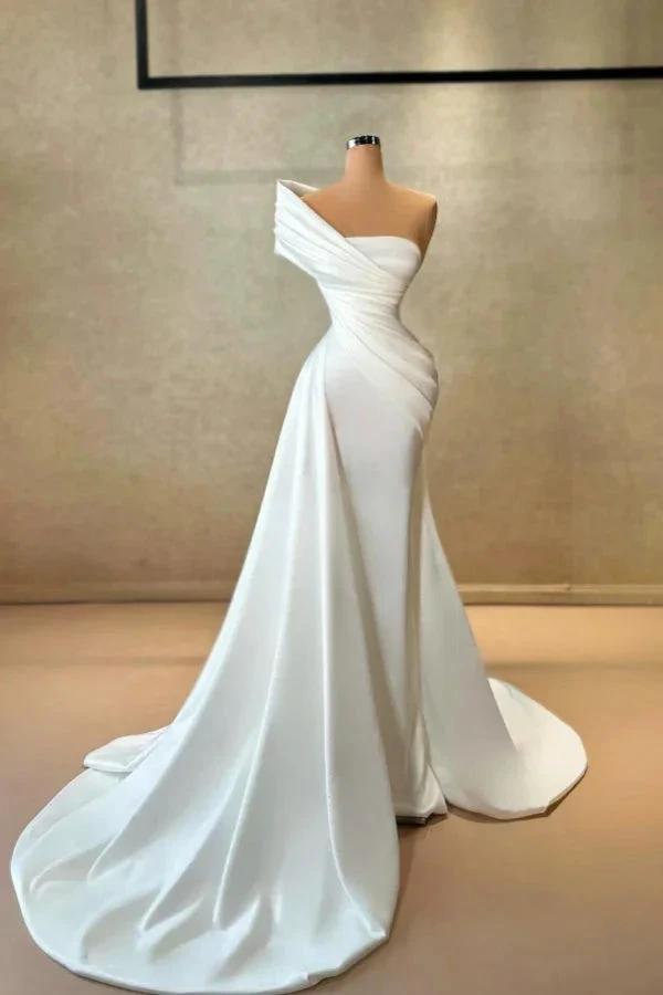 Simple Long White Mermaid One Shoulder Satin Sleeveless Wedding Dress (ZD16681) - VelvetHem