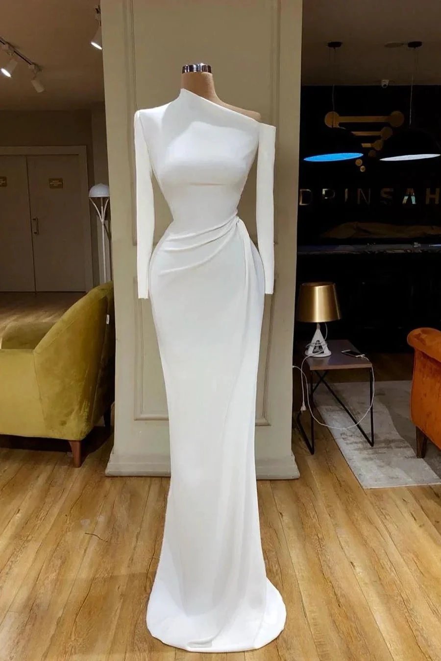 Simple Long White Mermaid Satin Wedding Dress With Long Sleeves (ZD16453) - VelvetHem