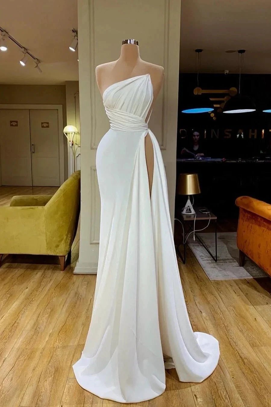 Simple Long White Sleeveless Satin Wedding Dress With Ruffles (ZD14518) - VelvetHem