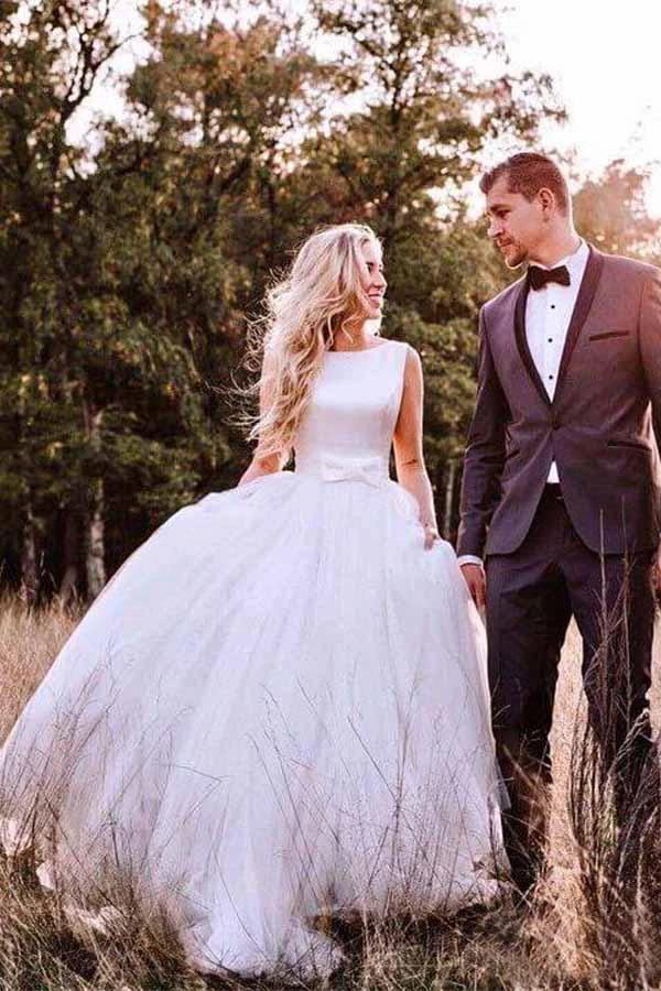 Simple Modest Ivory Tulle Wedding Gowns Backless Wedding Dress (ZD16030) - VelvetHem