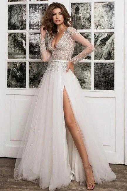 Simple Pleats Sequins V-neck Long Sleeve Brush A-Line Wedding Dresses (ZD14682) - VelvetHem