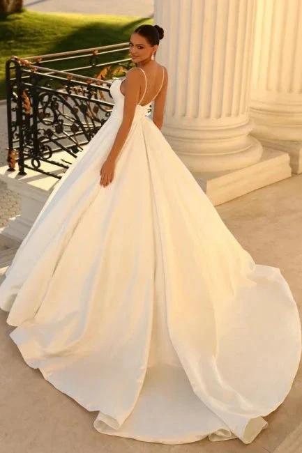 Simple spaghetti straps sleeveless ball gown satin wedding dress (ZD14869)